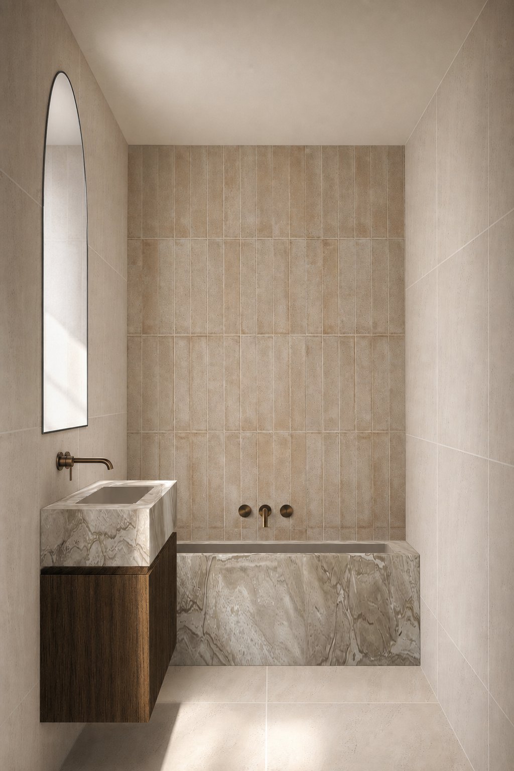 Caroma Caroma Liano II 175mm Wall Basin/Bath Mixer and Outlet Lead Free Brushed Bronze in a bathroom