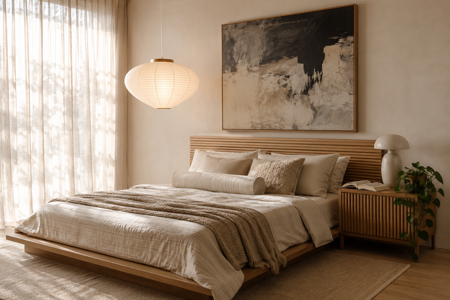 Warm minimalist bedroom with a low oak-slat bed, layered stonewashed linen and linen sheer curtains