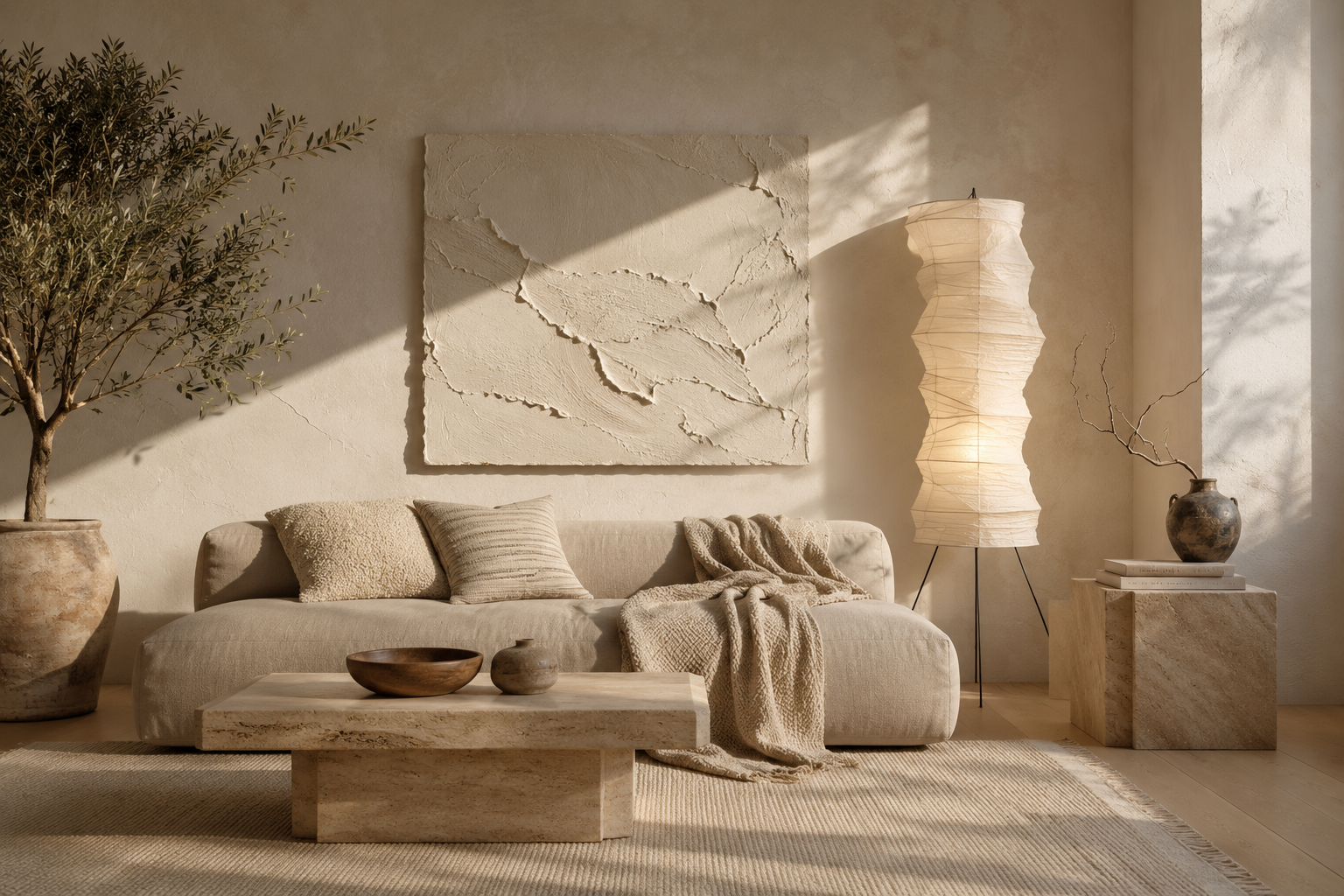 Warm minimalist living room with a low oatmeal linen sofa, pale oak floors and a travertine coffee table