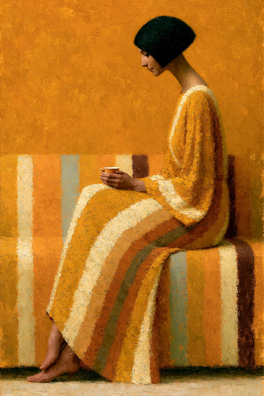 Painting of a woman in a striped dress